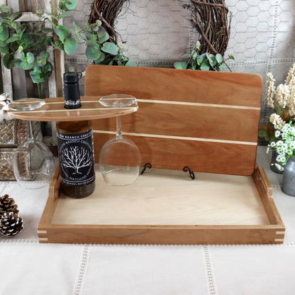 3-PC Cherry Wood Set: Tray, Cutting Board, & Wine Carrier