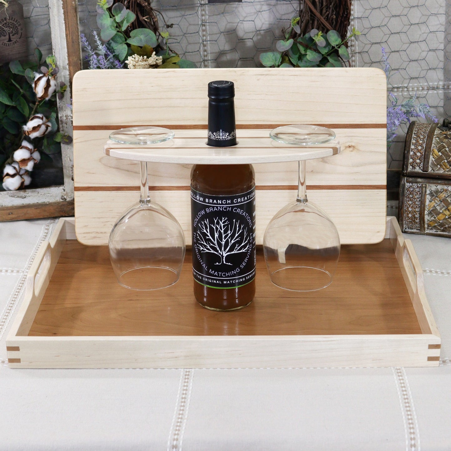 3-PC Maple Wood Set: Tray, Cutting Board, & Wine Carrier