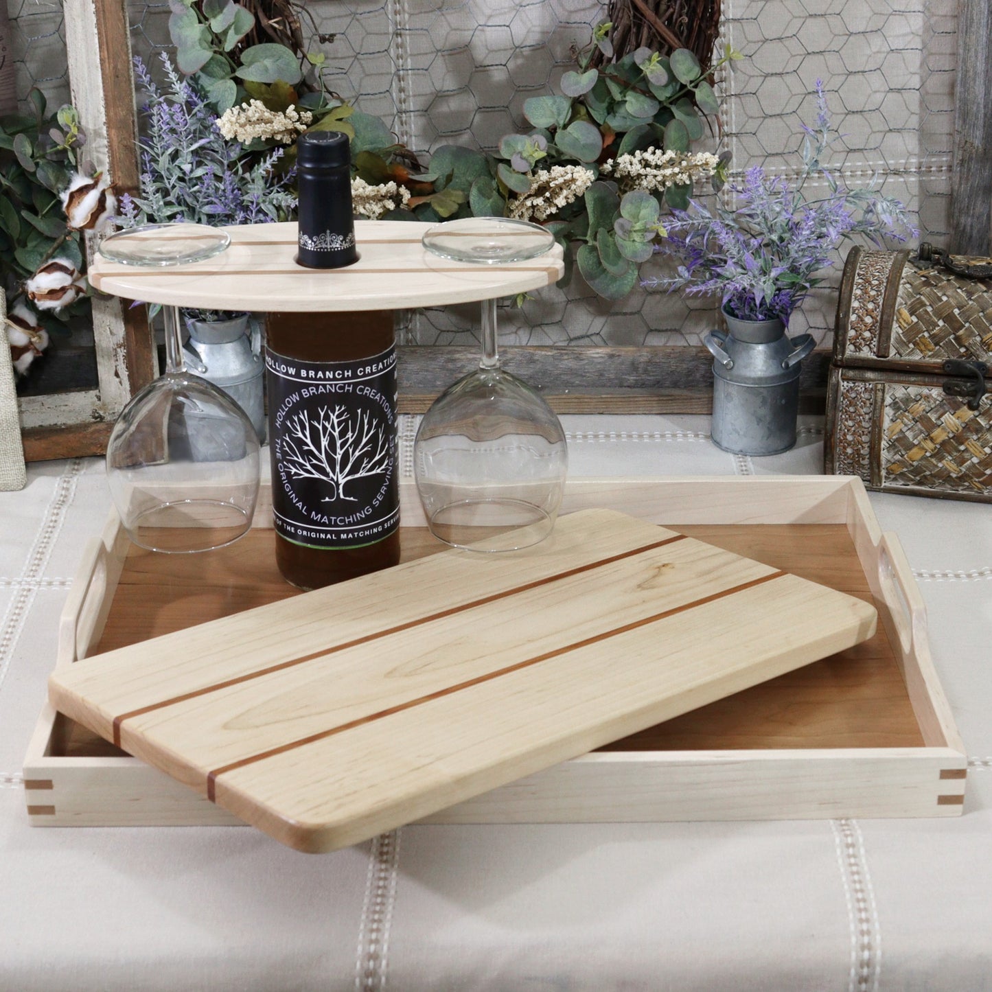 3-PC Maple Wood Set: Tray, Cutting Board, & Wine Carrier