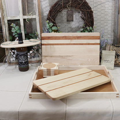 4-PC Maple Wood Set:  Tray, Cutting Board, Wine Carrier & Coaster Set