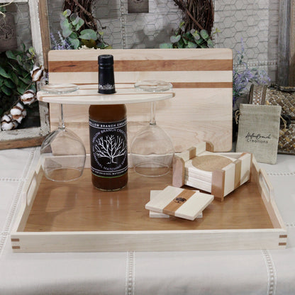 4-PC Maple Wood Set:  Tray, Cutting Board, Wine Carrier & Coaster Set
