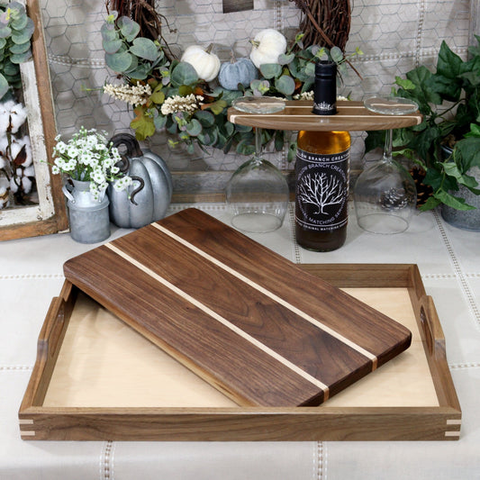 3-PC Walnut Wood Set: Tray, Cutting Board, & Wine Carrier