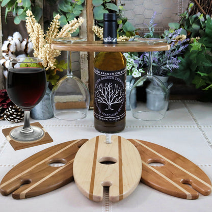 Maple Wood Wine Bottle & Glass Carrier -  It holds 2 Glasses.