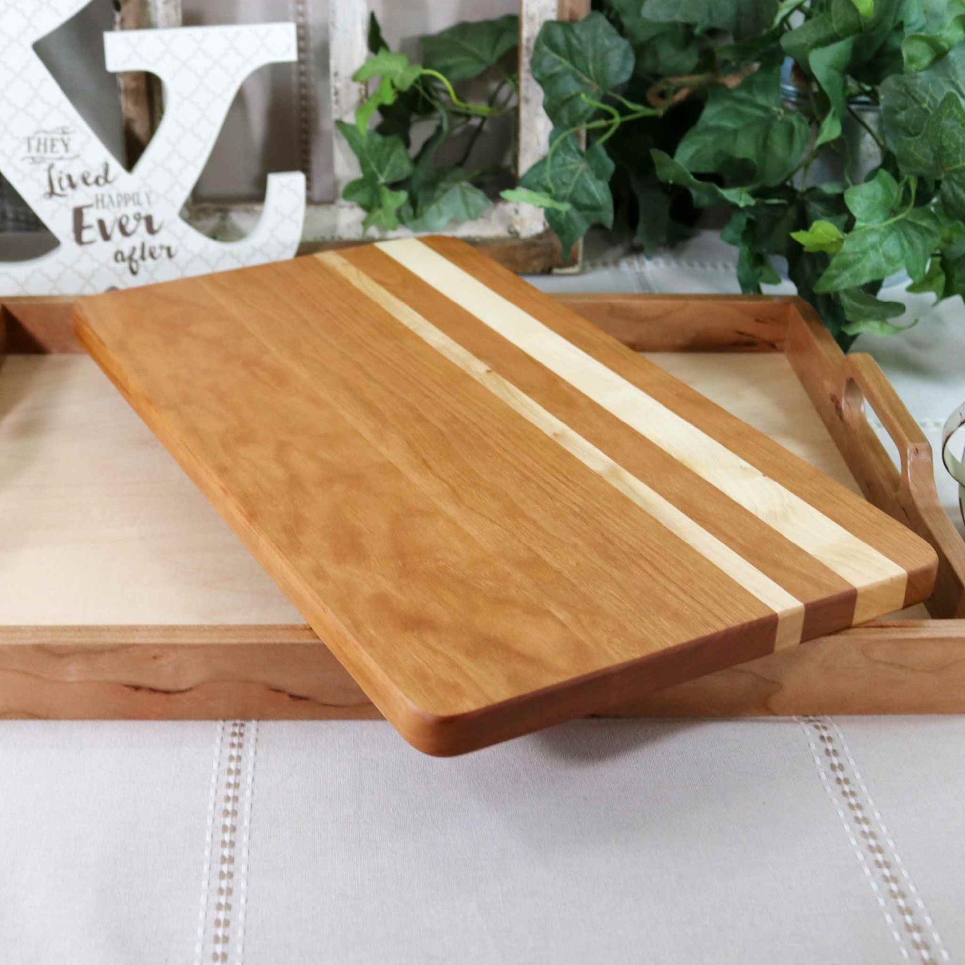 Wood Handled Cutting Board (20 x 9.5 x 1) Cherry, Maple, Oak Inlay